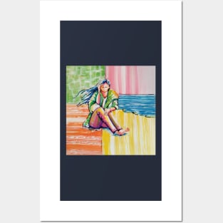 Girl on the beach, the soft breeze blows on her face Posters and Art